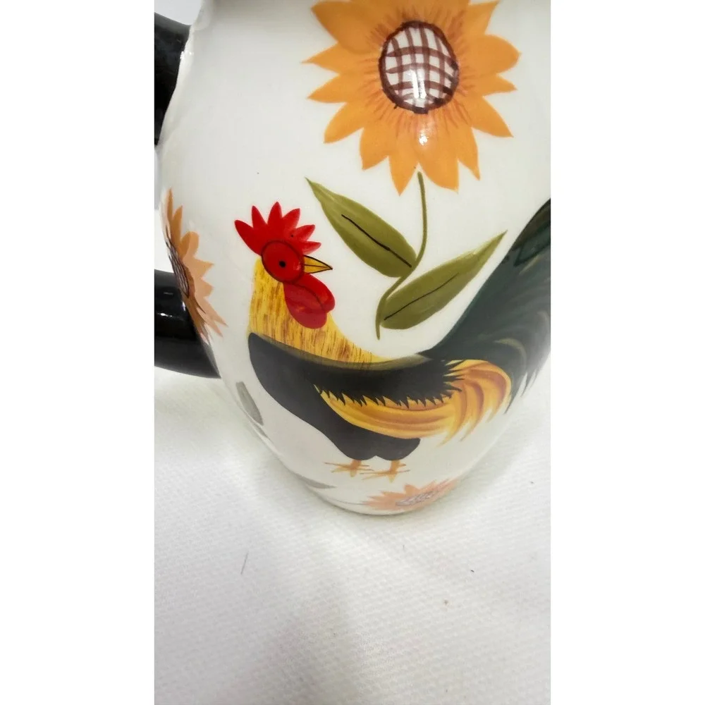 Casa Vero by ACK Hand Painted Rooster Sunflower Ceramic Pitcher with Lid 10 in